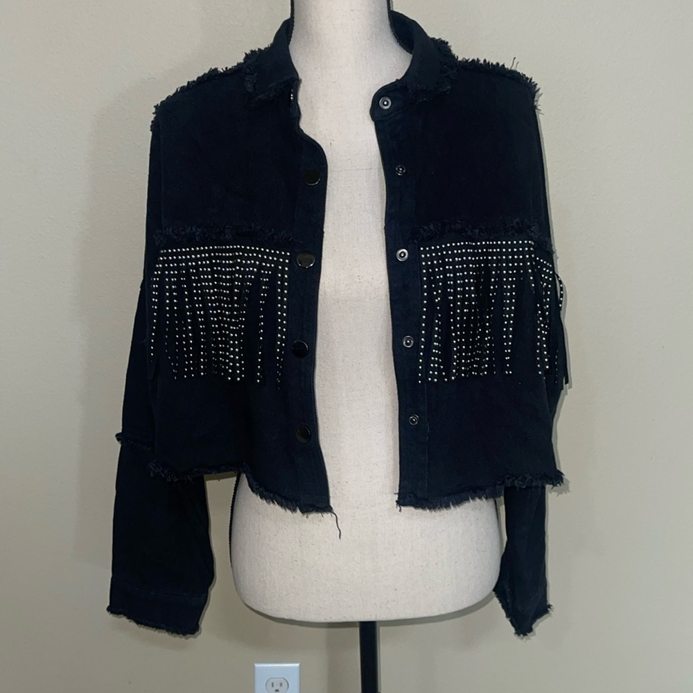Black denim fringe studded cropped jacket new with tag size small
